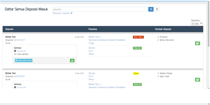 Tampilan semua diposisi masuk