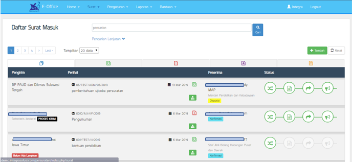 tampilan daftar surat masuk