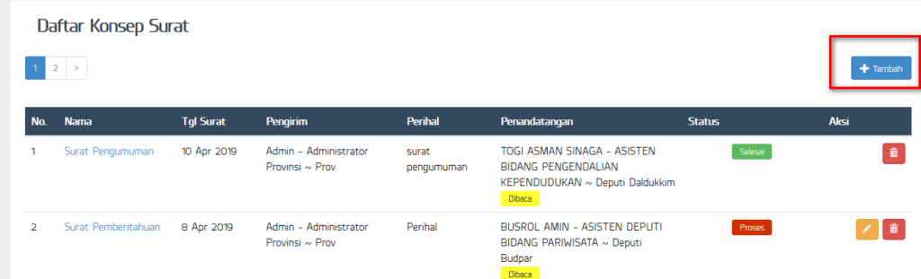 Halaman Daftar Konsep Surat