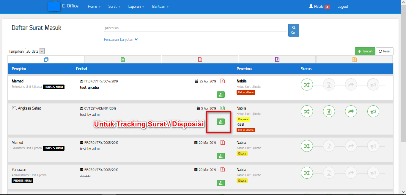 Mockup tampilan e-Office Tracking Disposisi Surat